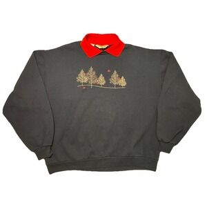 Orvis Sweatshirt Women Large Navy Red Collar Embroidered Trees Cardinal Pullover